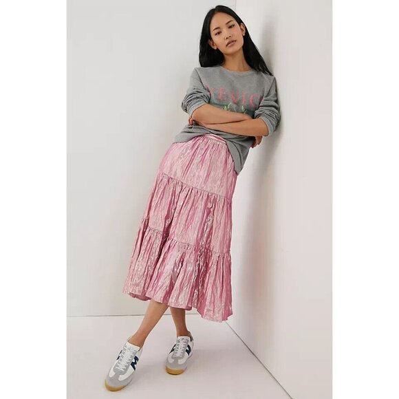 Anthropologie Maeve Skirt Alicia Pink Crinkled Metallic Maxi NWT - Picture 1 of 13
